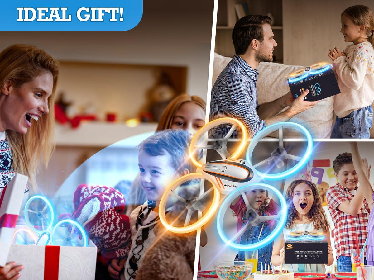 Q9s Drones para niños, dron RC genial con retención de altitud y modo sin cabeza, cuadricóptero de pasatiempos con luz azul y naranja, 2 baterías y control remoto, regalos de cumpleaños y Navidad
