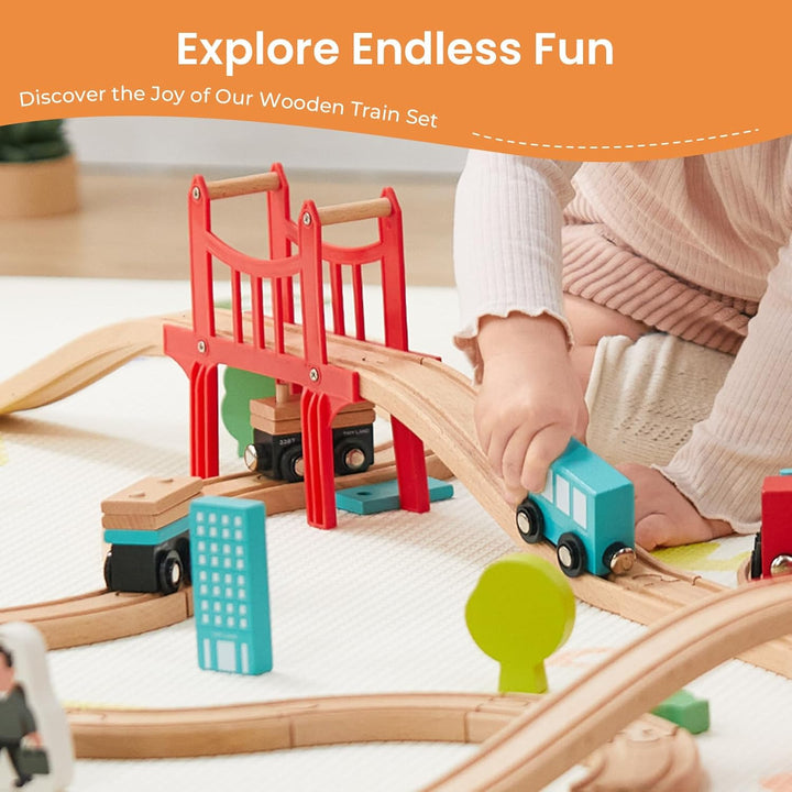 Tiny Land Juego de tren de madera para niños pequeños, 39 piezas, c...