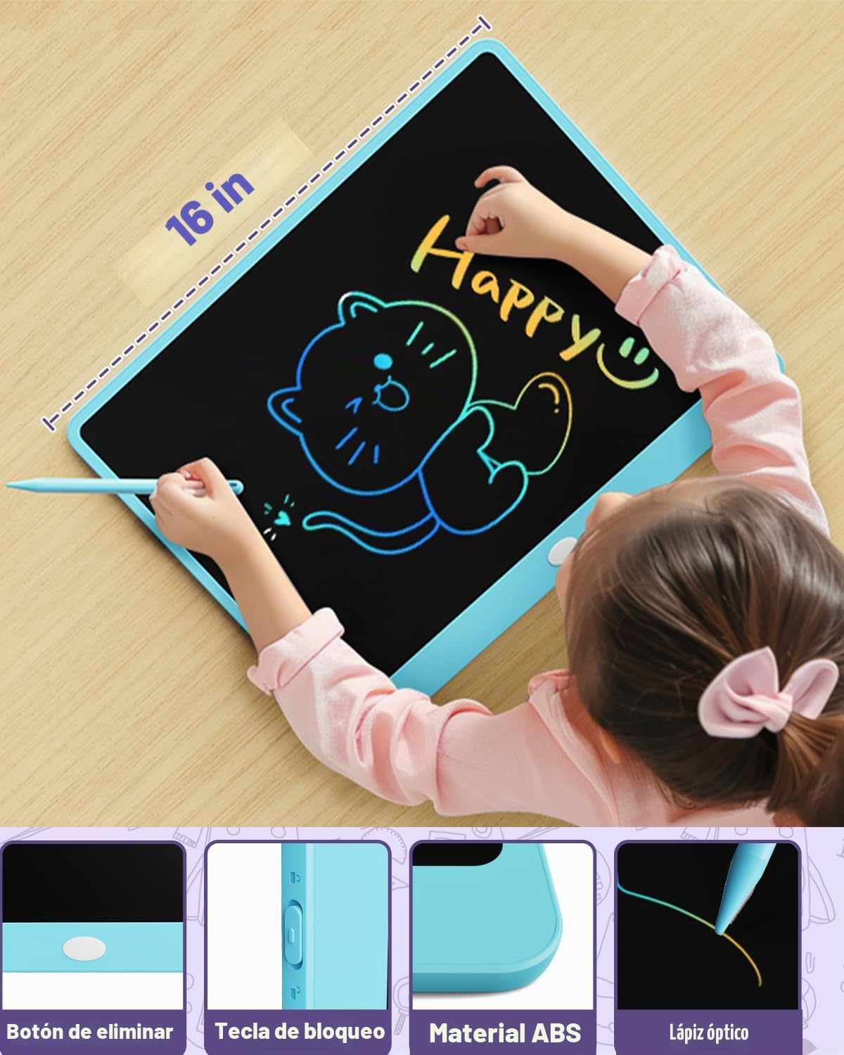 Tableta de Escritura LCD de 16 Pulgadas - Tablero de Dibujo para Niños, Almohadilla de Dibujo Colorida, Juguetes para Niñas, Niños y Pequeños de 3 a 12 Años, Regalos de Cumpleaños para Niños