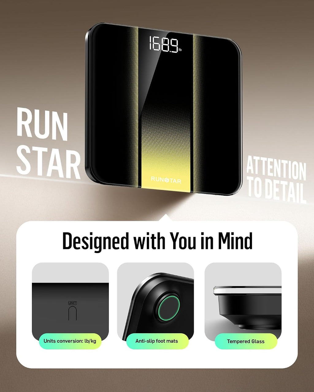 RunStar Báscula digital de baño para peso corporal con alta precisión, pantalla de retroiluminación LED transparente, escala precisa con vidrio templado, 400 libras