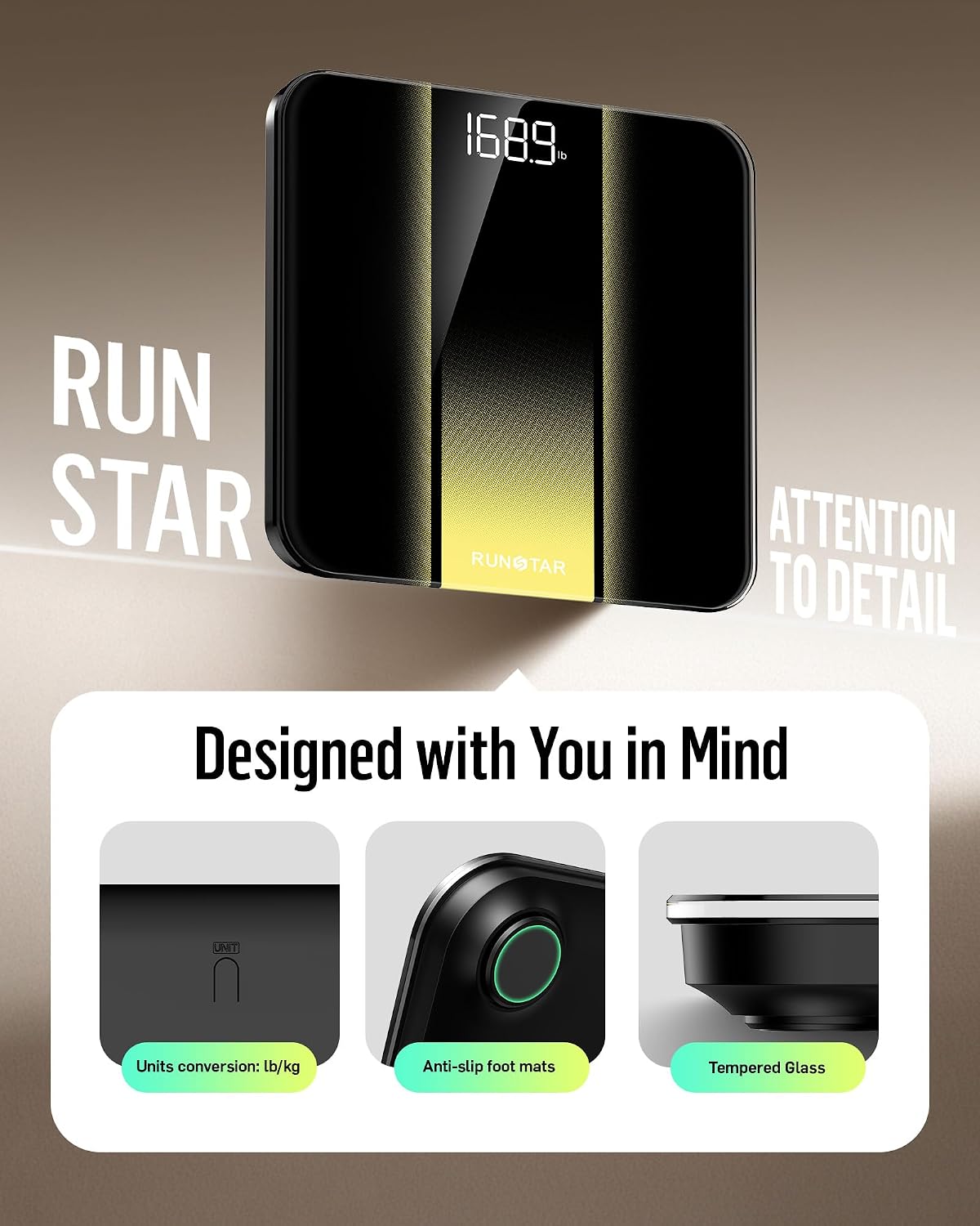 RunStar Báscula digital de baño para peso corporal con alta precisión, pantalla de retroiluminación LED transparente, escala precisa con vidrio templado, 400 libras