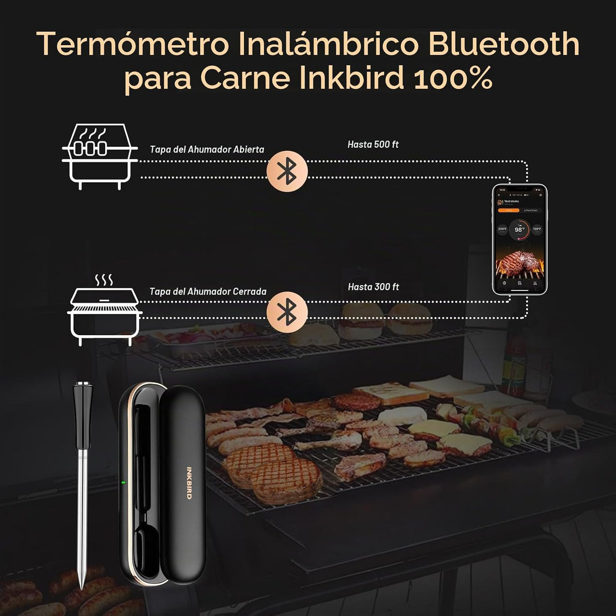 INKBIRD Termómetro de carne inalámbrico, termómetro inteligente para carne Bluetooth, IP67 impermeable con caja recargable para parrilla al aire libre, ahumador, barbacoa, asador, aplicación iOS y