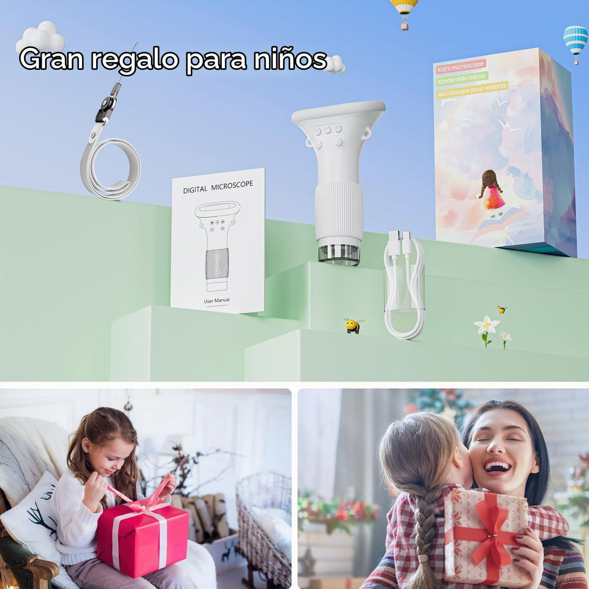 Microscopio para niños, SKYBASIC pantalla IPS de 2" 1000X microscopios digitales de mano microscopios HD de bolsillo mini microscopio USB portátil cámara, compatible con PC, regalos educativos de