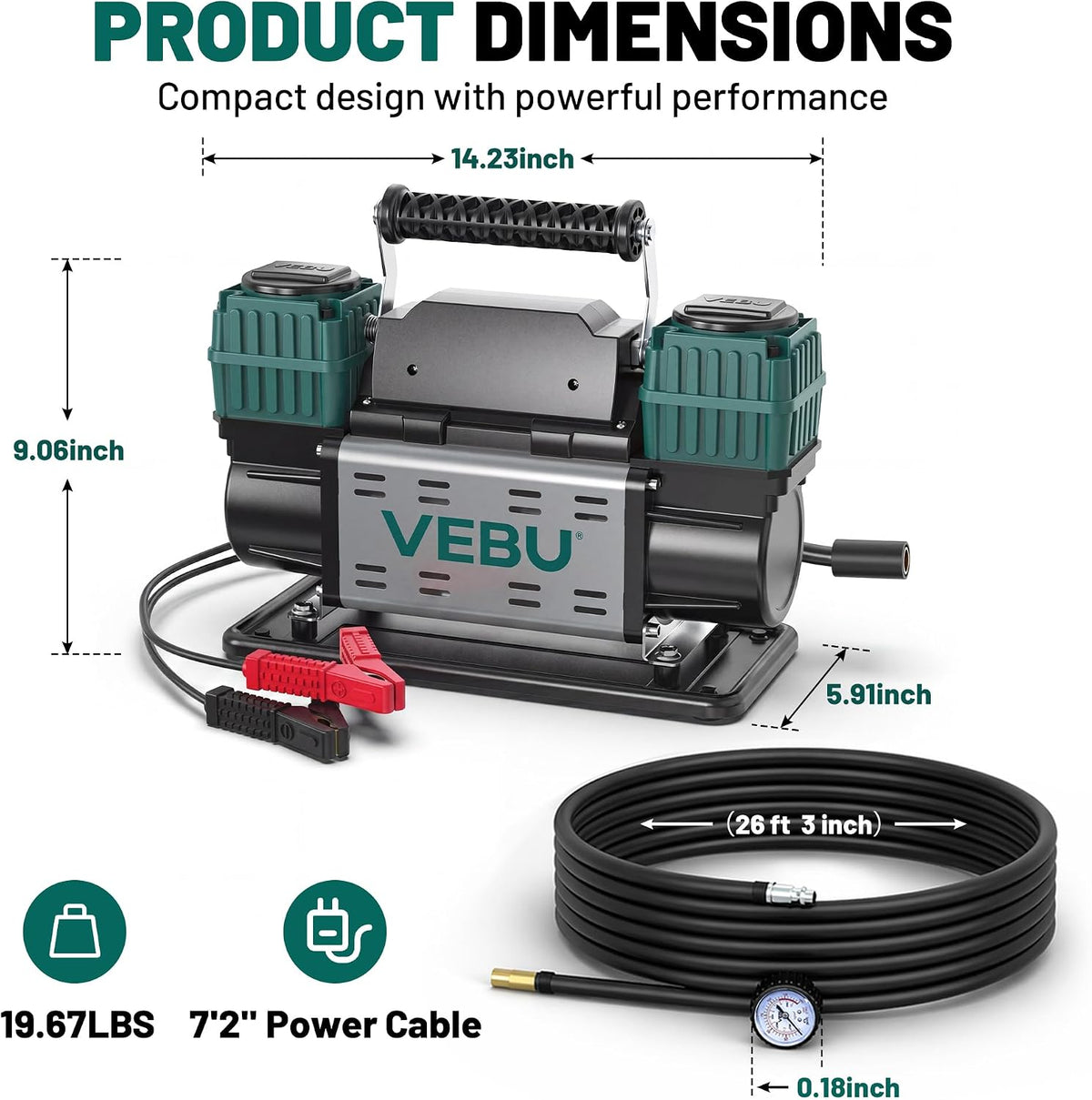VEBU Compresor de aire resistente 12V inflador de neumáticos, cilin...