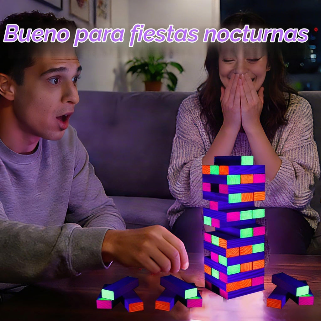 Lámpara Ahuimeius Juego de mesa Glow Tumble Tower de 54 piezas, torre que brilla en la luz negra, juego de mesa para interiores y exteriores para adultos para noche de juegos familiares
