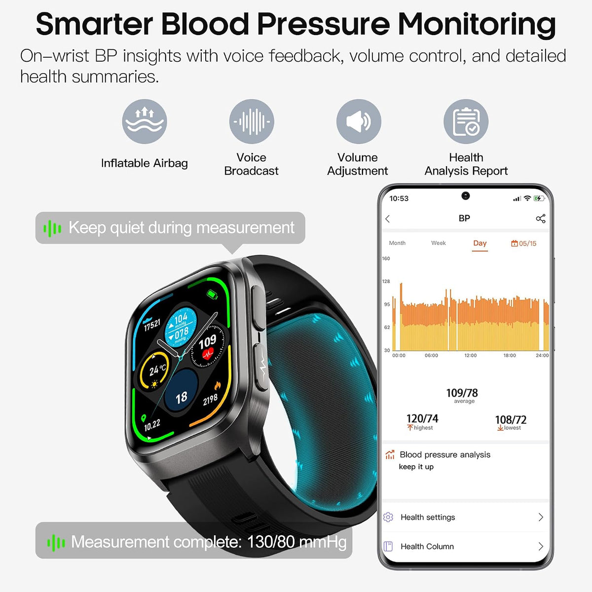 Smart Watch para Hombres y Mujeres con Puño con Airbag, Monitor de Frecuencia Cardíaca 24/7, Presión Arterial, Seguimiento del Sueño, Oxígeno en la Sangre, Pantalla AMOLED de 2.06" (Answer/Make), Batería de 530mAh, Rastreador de Fitness