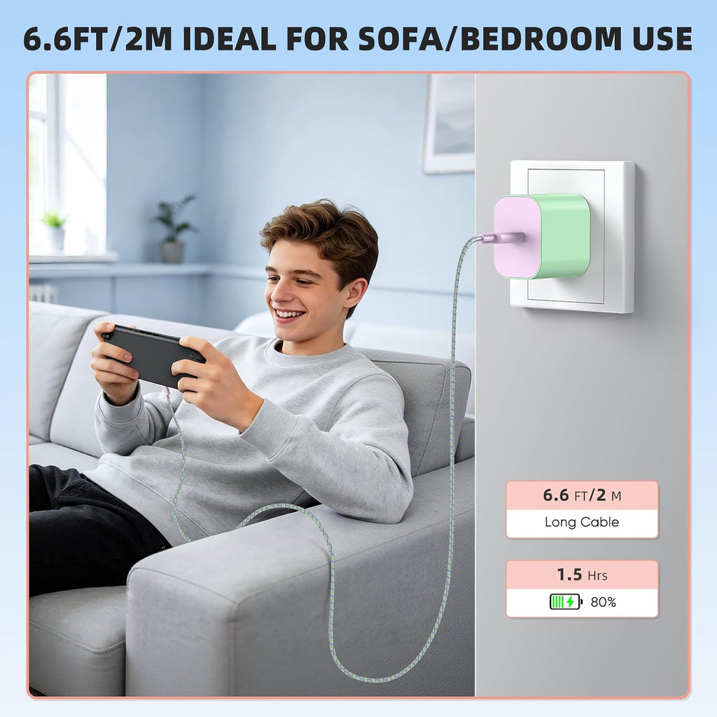 Interruptor 2 Charger con cable USB-C de 6.6FT/2M - Adaptador de corriente AC de 60W, Bloque de carga rápida PD 3.0 para Nintendo Switch 2/1/OLED/Lite/Steam Deck - Soporta 20V/3A y Dock de TV 4K, Wii (6.6FT - Verde Pastel y Púrpura)