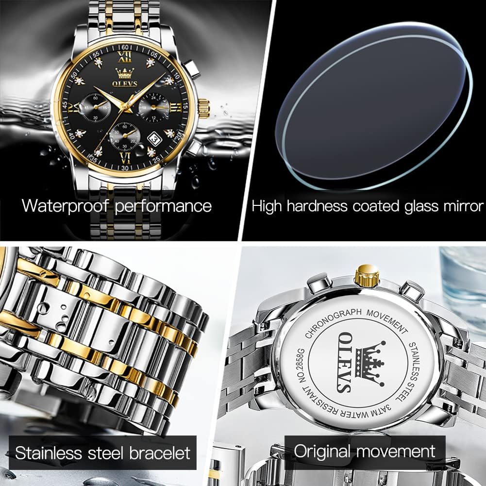 OLEVS Relojes para Hombre de Lujo a prueba de agua Lúminosos de lectura fácil Cronógrafo Con Esmalte Dorado Completo / Blanco Dial / Cara Negra Calendario Pulsera Relojes