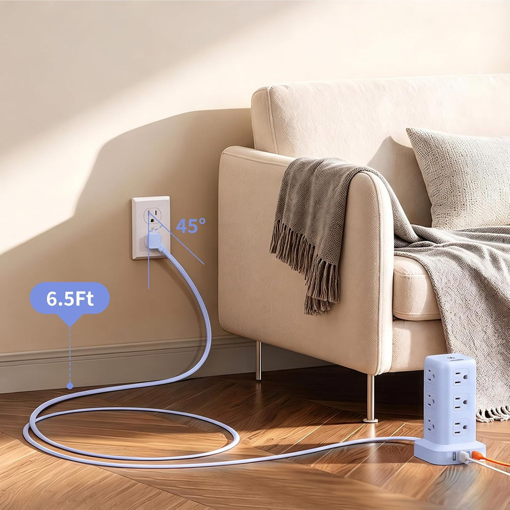 Cable de extensión con múltiples tomas, extensor de salida SMALLRT con 12 salidas de CA, 4 USB, torre de regleta de alimentación de 6.5 pies para suministros de oficina en casa, azul