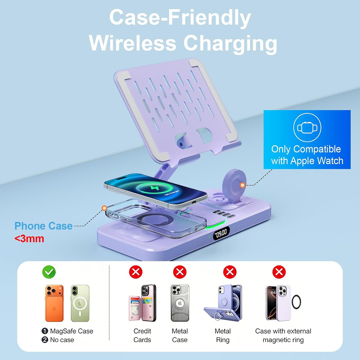 Estación de carga magnética para múltiples dispositivos Apple, cargador inalámbrico con reloj y luz, soporte de carga plegable con cable para iPad/Tab, cargador seguro para iPhone 17, para Apple Watch