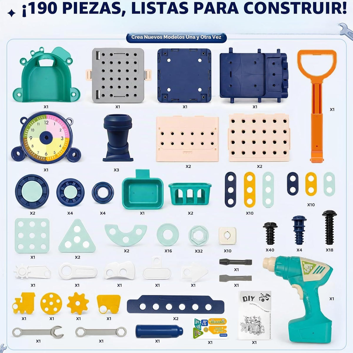 Juego de construcción de trenes con taladro de juguete, juego de