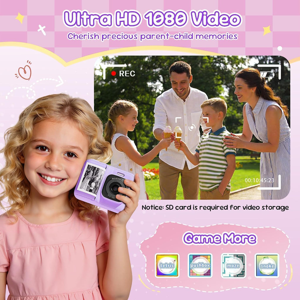 Cámara de impresión instantánea para niños, 1080P con tarjeta de 32