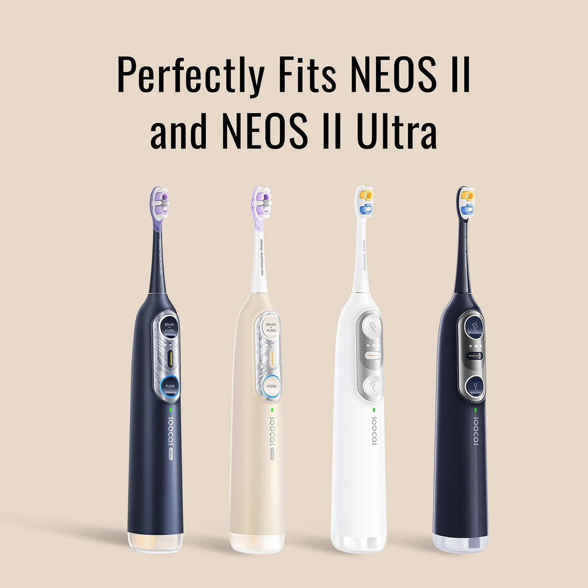 Soocas Multiclean - Cabezales de repuesto para cepillos de dientes eléctricos ultra suaves, compatibles con NEOS II y NEOS II Ultra, 2 cabezales de cepillo, cerdas suaves, azul medianoche