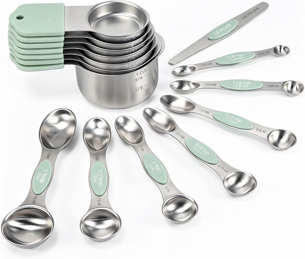 Juego de Tazas y Cucharas Medidoras Magnéticas, 15 Piezas de Acero Inoxidable