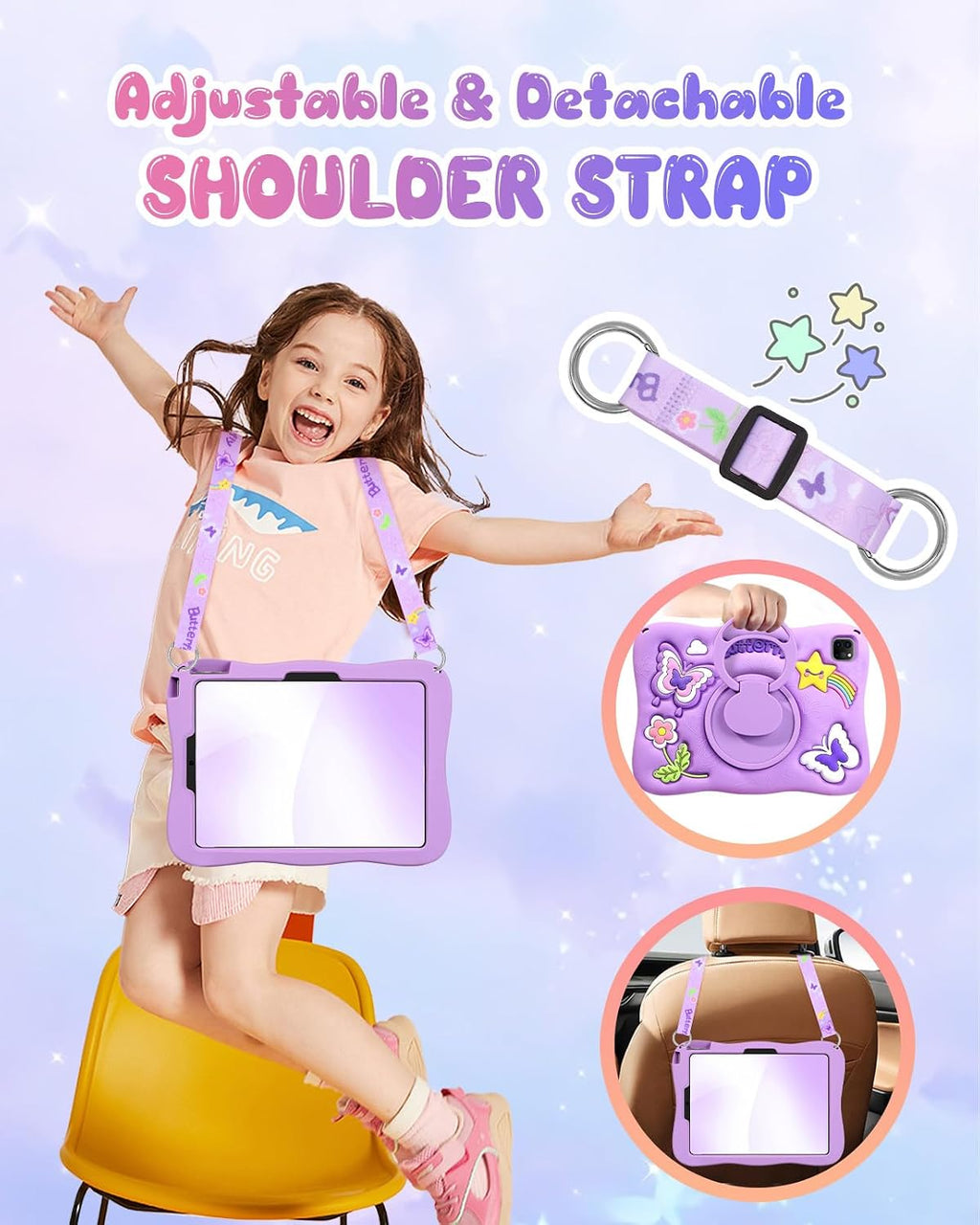 para iPad Air de 11 Pulgadas Funda M3 2025/M2 2024, Pro 11'' 4ª/3ª/2ª/1ª, Air de 5ª/4ª Generación - Linda Funda Kawaii para Niñas con Diseño 3D de Mariposas Moradas Giratorias y Correa de