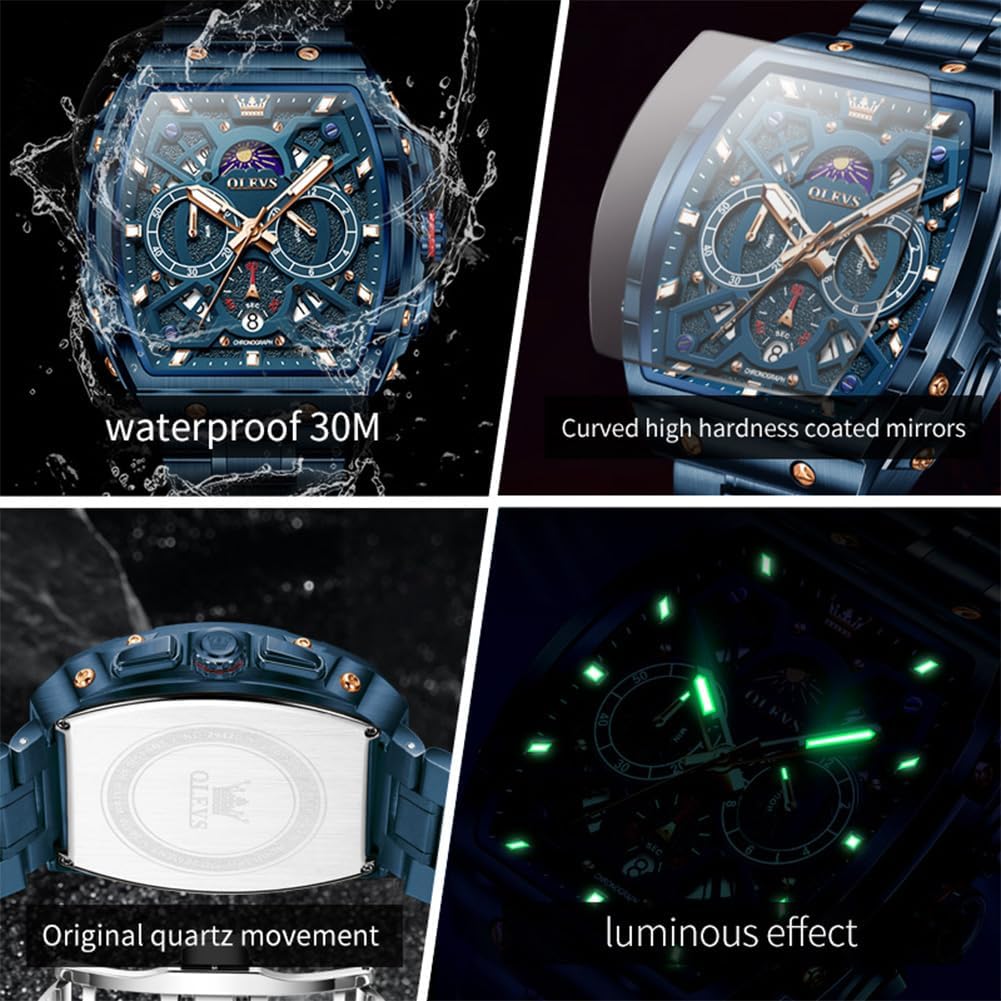 OLEVS Relojes para Hombres Business Dress Chronograph Cuadrado Grande Analógico con Correa de Silicona a prueba de agua con Fecha Regalo para Hombre Reloj de Muñeca Plateado