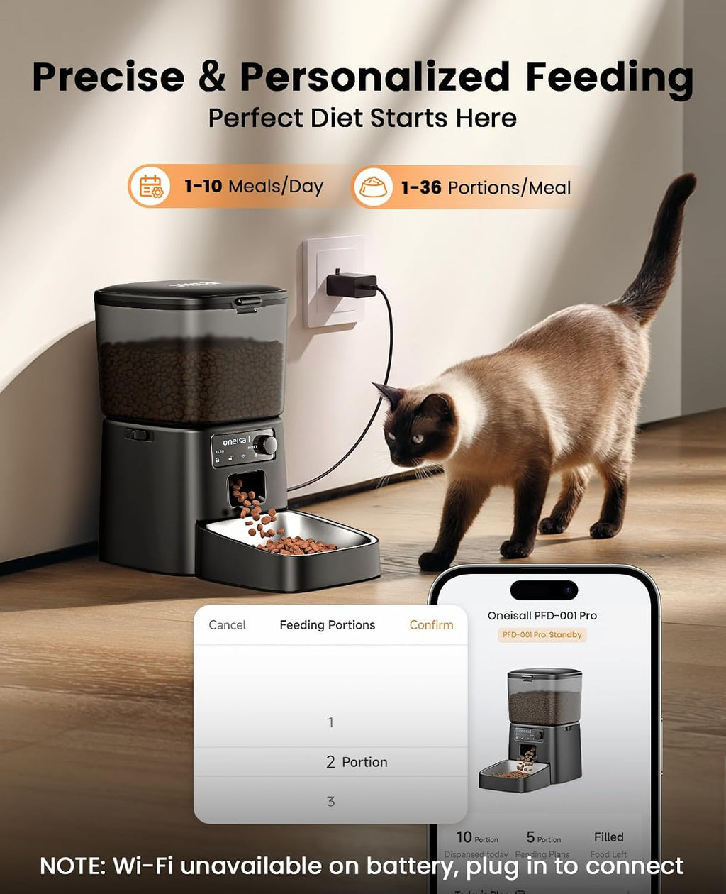 oneisall Alimentador automático para gatos 2.4 GHz Wi-Fi, 3.5L/15 tazas