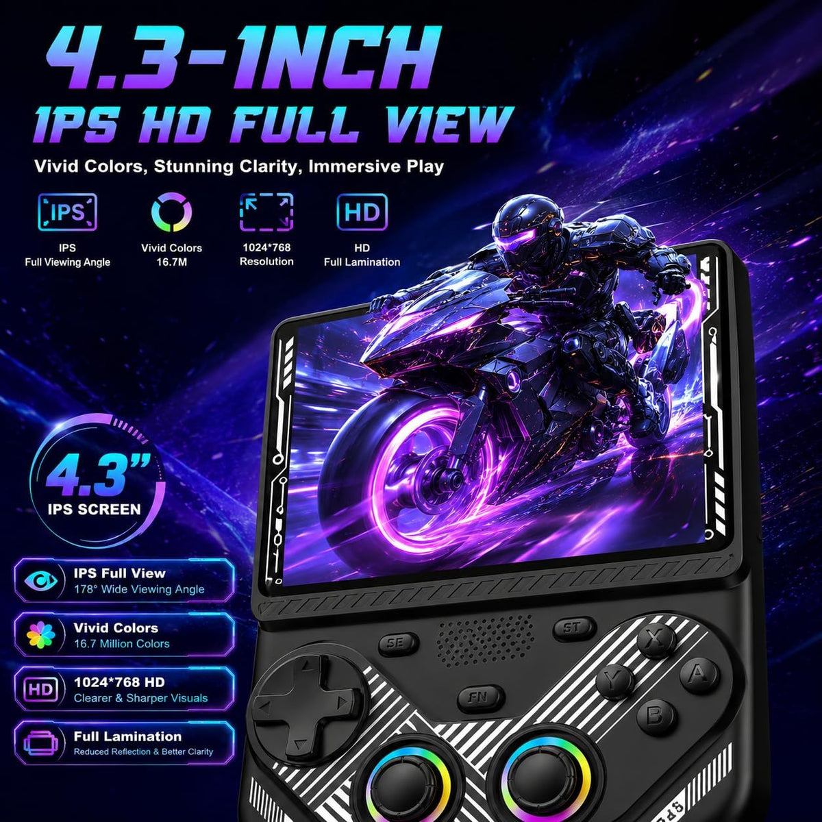 RG43V Pro - Consola de juegos portátil retro, pantalla IPS HD de 4.3 pulgadas, procesador de cuatro núcleos RK3562, soporte de 64 GB, más de 30 emuladores y más de 22000 juegos, multijugador WiFi 6