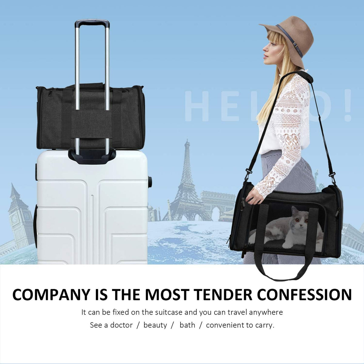 Henkelion Transportador grande para gatos y mascotas de lados suaves para gatos y cachorros de hasta 25 libras - Transportador de viaje plegable e impermeable - Negro