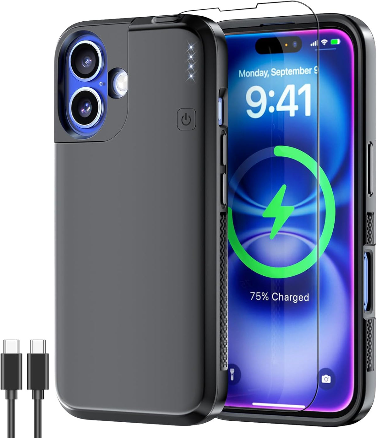 NEWDERY Funda de batería para iPhone 16 USB C Funda de carga rápida 6.1