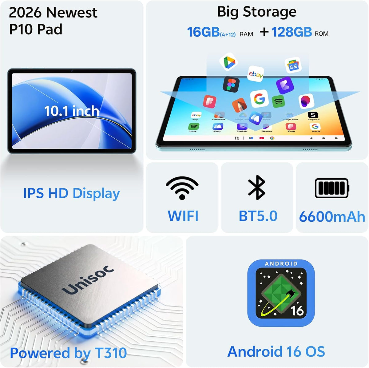 Frameflow Tablet de 10 pulgadas, Android 16 Tablets con funda, 16 G...