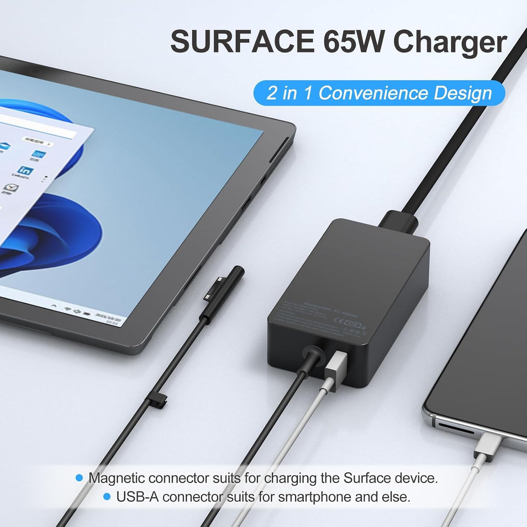 Cargador para portátil Surface Pro de 65 W, para Microsoft Surface Pro Charger Windows Surface Laptop 7, 6, 5, 4, 3, 2, para Microsoft Surface Pro10, 9, 8, 7+, 7, 6, 5, 4, 3, X, Surface Book3, 2, 1, Surface Go Tablet, compatible con 44W, 10 pies