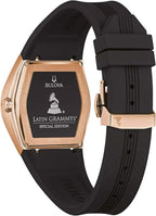 Bulova Latin Grammy Gemini - Reloj de cuarzo para hombre, oro rosa, acero inoxidable, acento con cristal mineral curvo y correa de silicona negra