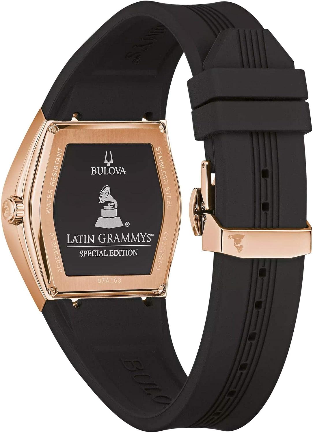 Bulova Latin Grammy Gemini - Reloj de cuarzo para hombre, oro rosa, acero inoxidable, acento con cristal mineral curvo y correa de silicona negra