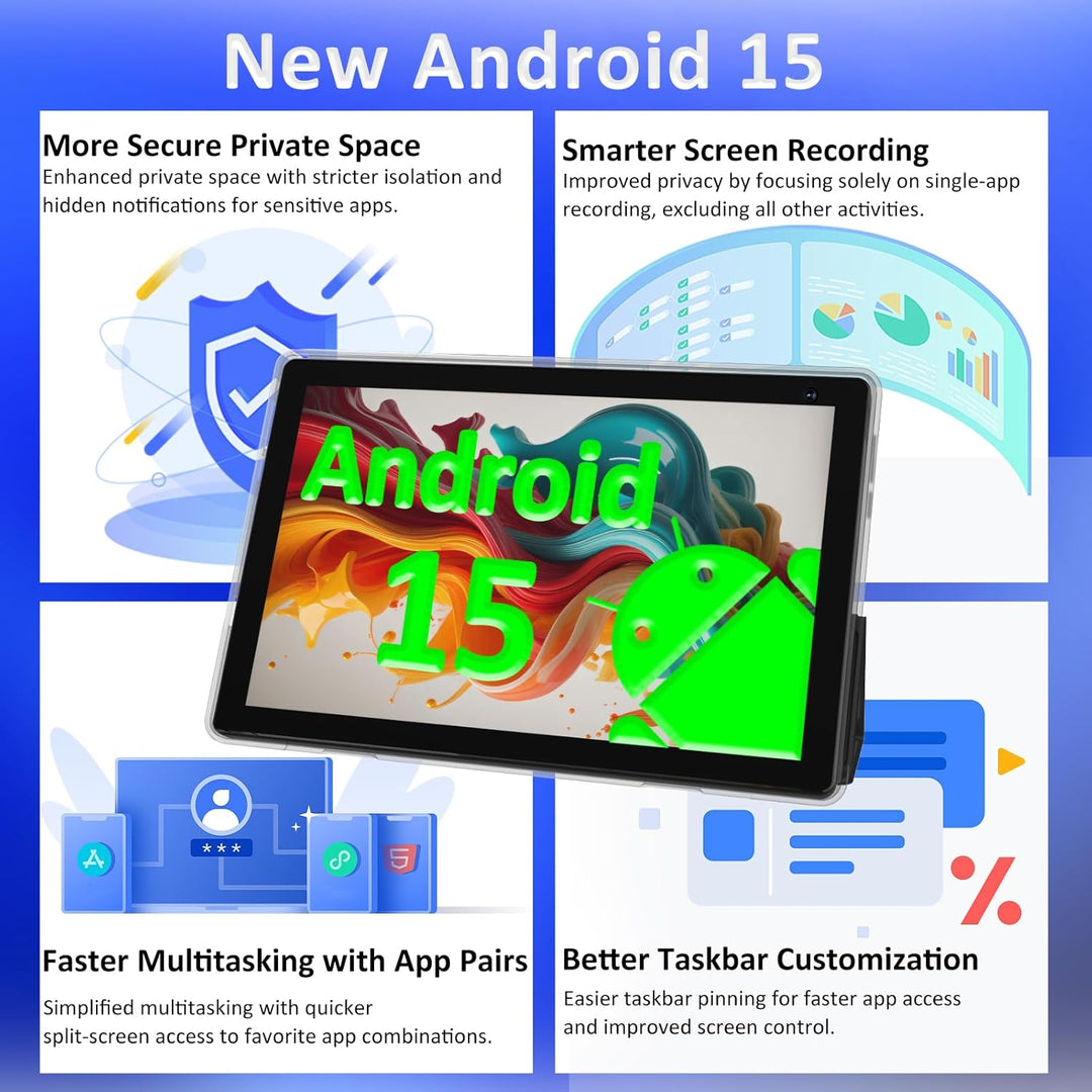 Tablet Android 15 de 10 pulgadas, 8GB RAM 32GB ROM Potente CPU de c...