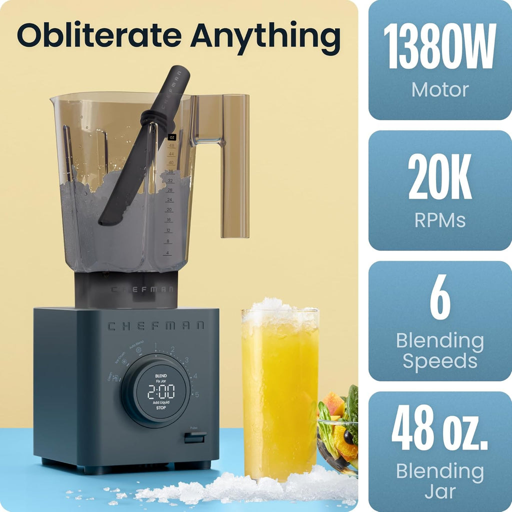 Chefman Obliterator - Batidora de encimera de 48 onzas para batidos, motor de 1380 W para triturar hielo, nueces y frutas congeladas con hoja de acero inoxidable, función de mezcla automática, incluye