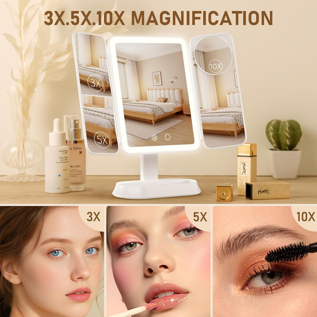FRANO Espejo de maquillaje plegable de tres pliegues con luces, esp...