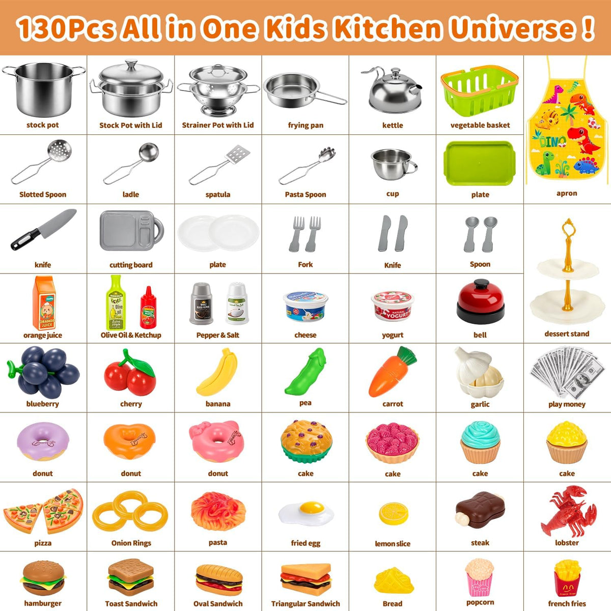 Accesorios de cocina de juego de simulación, 130 piezas de juguetes de