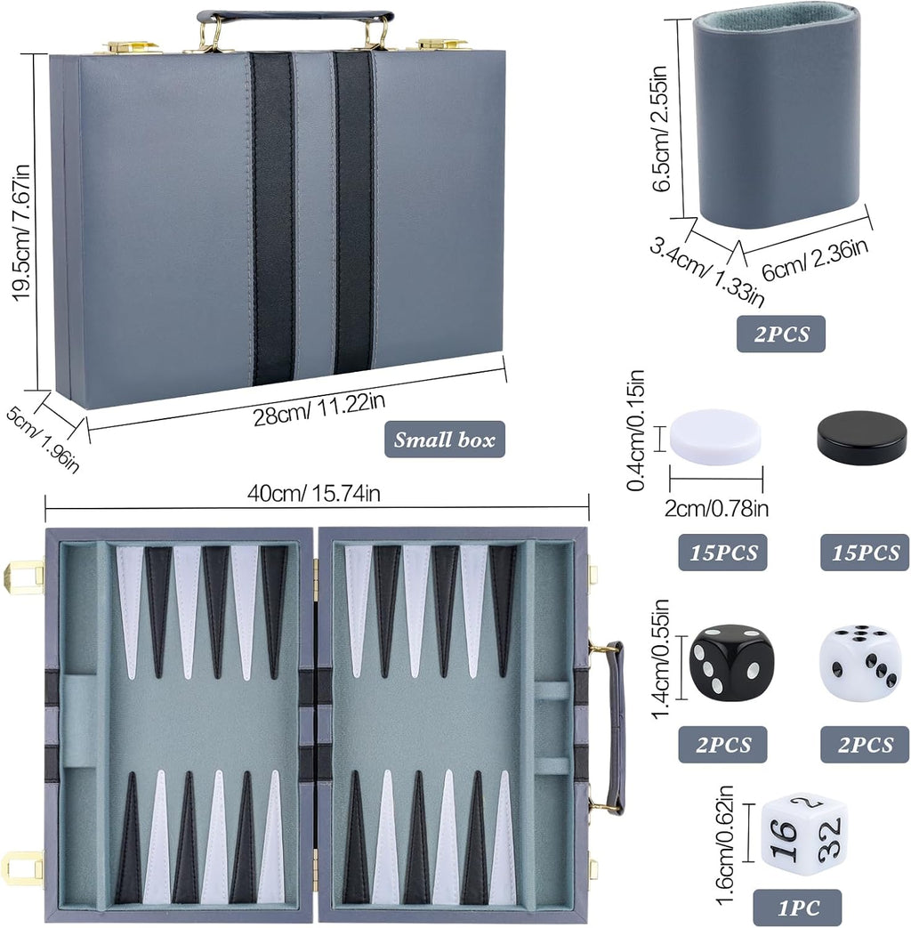 Backgammon - Juego de 2 jugadores clásico de backgammon para adultos, juego de mesa con funda de piel sintética, portátil y juego de backgammon de viaje (gris, 11 pulgadas)
