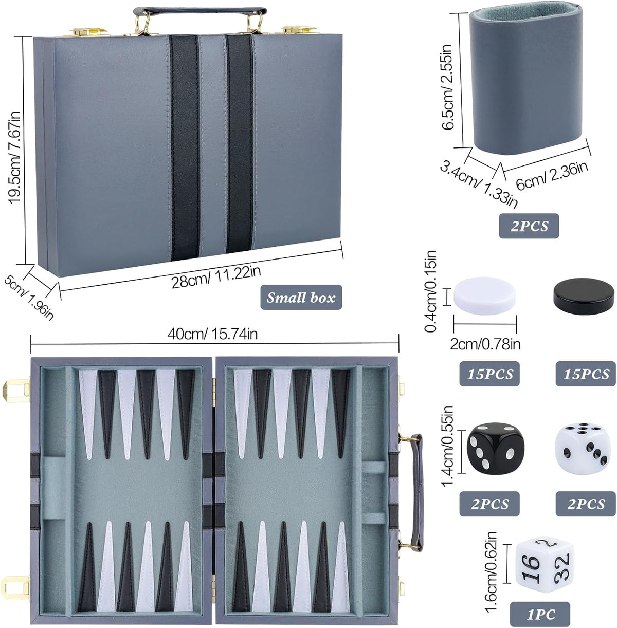 Backgammon - Juego de 2 jugadores clásico de backgammon para adultos, juego de mesa con funda de piel sintética, portátil y juego de backgammon de viaje (gris, 11 pulgadas)