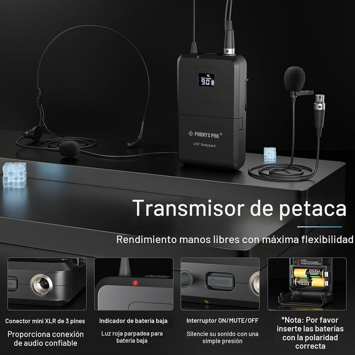 Phenyx Pro Sistema de micrófono inalámbrico de 4 canales, set de mi...