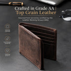 Billetera plegable de cuero de grano superior para hombres | Cartera de bloqueo RFID de doble costura con 2 ventanas para identificación y 10 ranuras para tarjetas, Marrón moca, Bifold