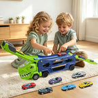 Camión de dinosaurio, camión de dinosaurio, transportador de carreras, pista de carreras con 6 autos fundidos a presión, camión 3 en 1 con 2 pistas de carreras plegables, regalos de cumpleaños