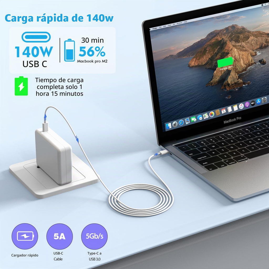 Macbook Pro Cargador 140w Rápido para MacBook Air/Pro con cable USB-C a USB-C de 6 pies (1.8 m) Cargador rápido para Apple MacBook Pro/MacBook Air 16 15 14 13 pulgadas, M1 M2 M3, iPad Pro, Samsung Galaxy y Todos los Dispositivos USB-C