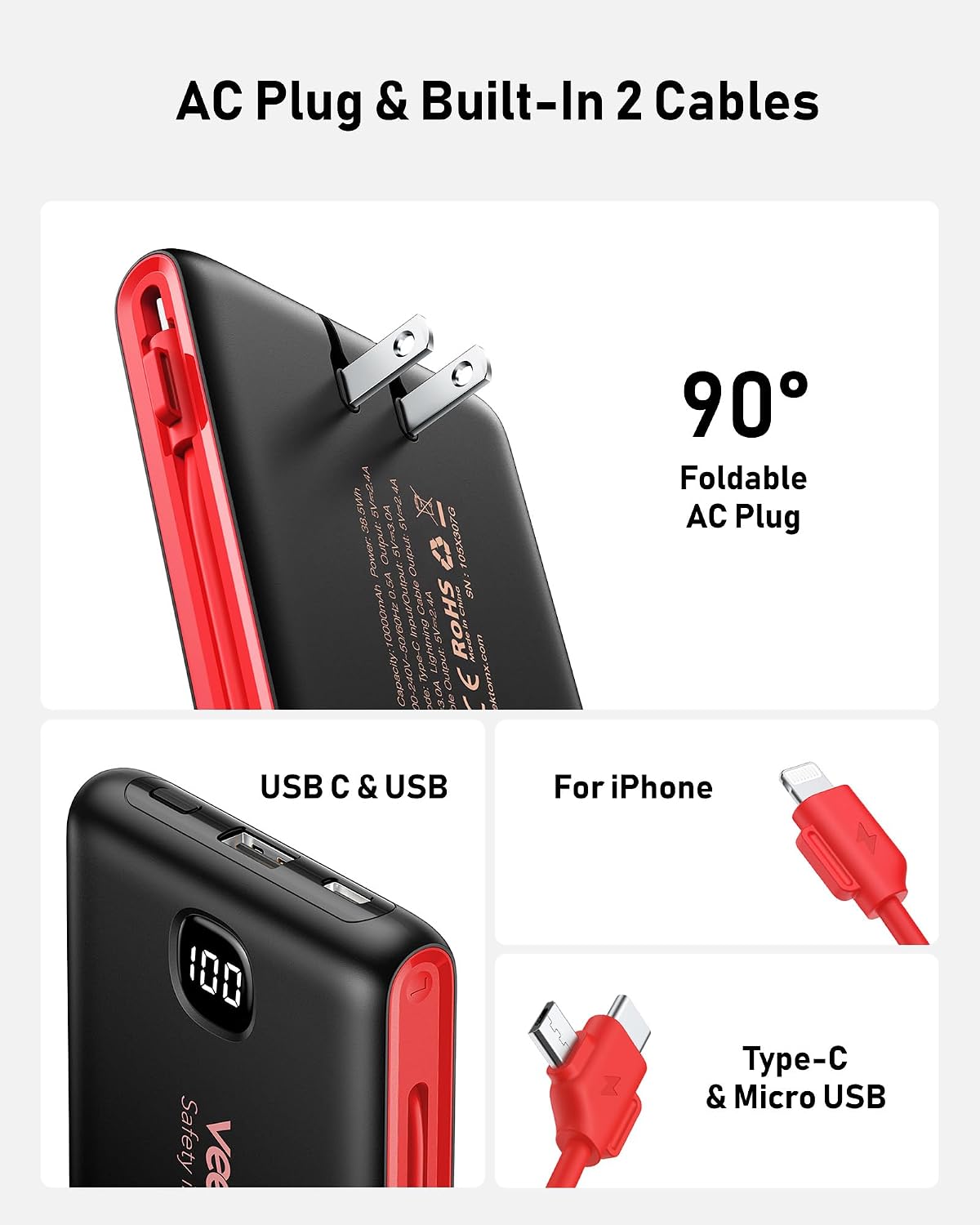 Cargador portátil de batería con cables integrados y enchufe de par...