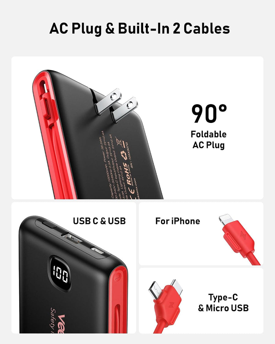 Cargador portátil de batería con cables integrados y enchufe de par...