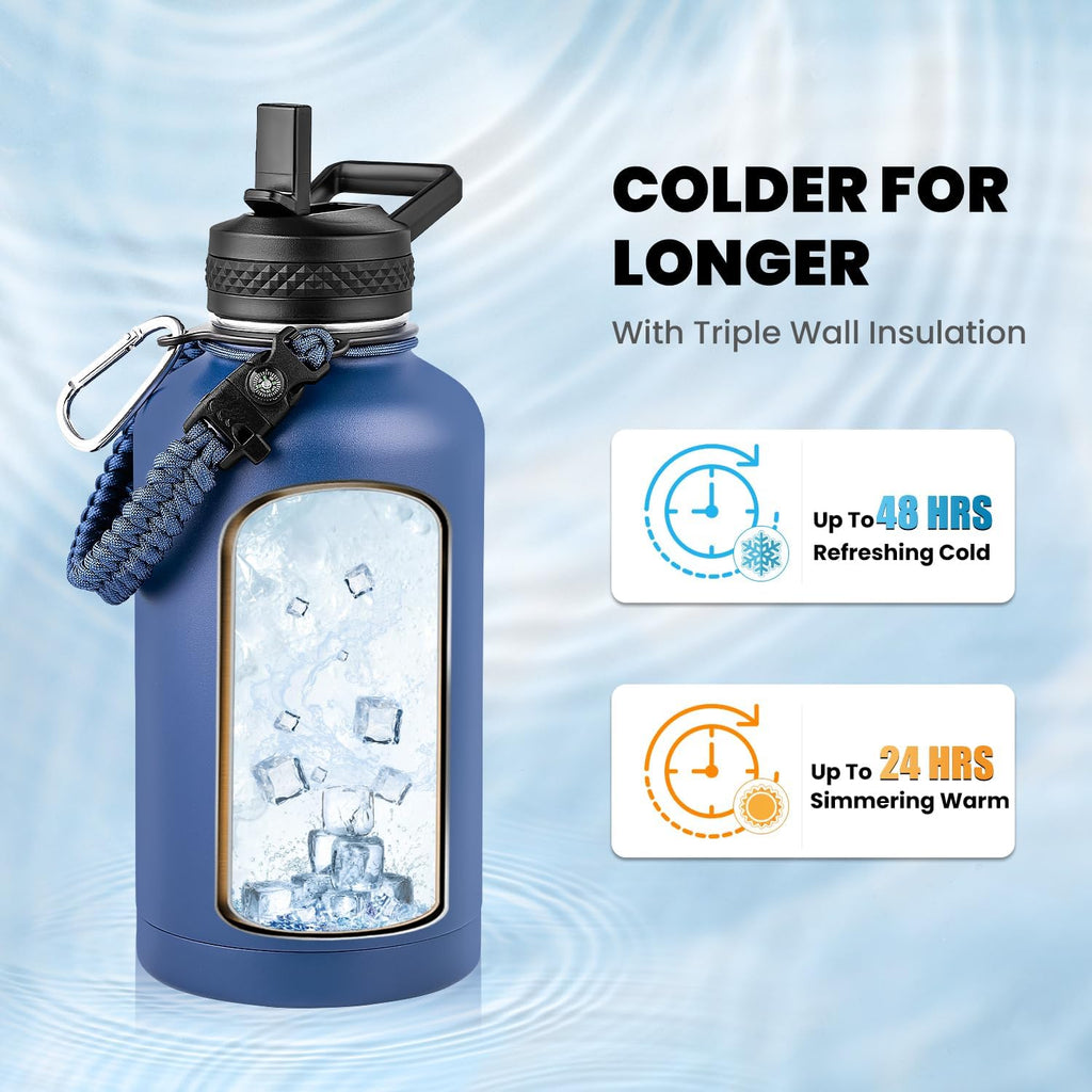 RAYMYLO - Botella de agua aislada de 64 onzas, acero inoxidable de triple pared al vacío (fría durante 48 horas), a prueba de fugas y sin BPA, jarra de agua de medio galón con asa de paracord y tapas