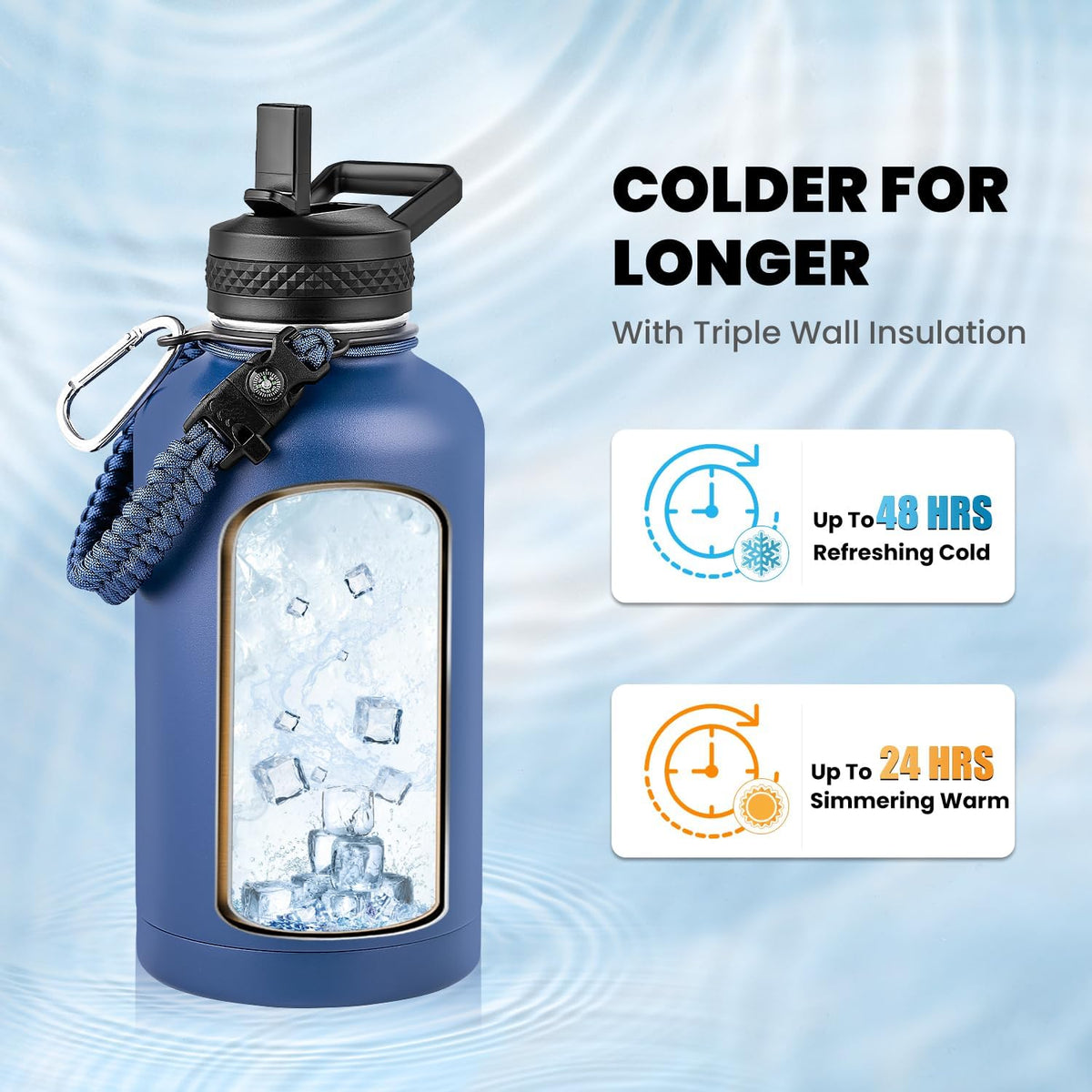 RAYMYLO - Botella de agua aislada de 64 onzas, acero inoxidable de triple pared al vacío (fría durante 48 horas), a prueba de fugas y sin BPA, jarra de agua de medio galón con asa de paracord y tapas