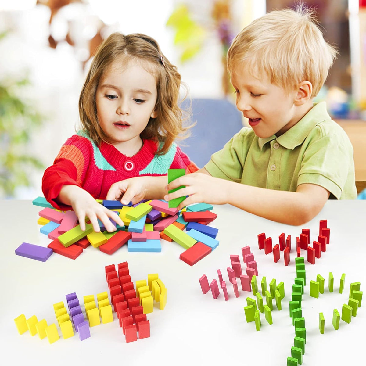 WOOD CITY Juego de dominó de 1000 piezas para niños con 20 bloques adicionales, coloridos azulejos de dominó para construir, apilar, carreras, volar, dominó de madera con bolsa de almacenamiento y