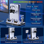 Estación de enfriamiento para PS5/Slim/Pro con estación de carga para mando para PlayStation 5 Slim y Standard y Pro Disc/Digital, Soporte de PS5 Pro con ventilador de enfriamiento y accesorios Incluye enfriador/ventilador y 3 hubs USB