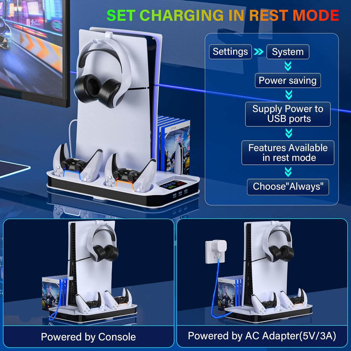 Estación de enfriamiento para PS5/Slim/Pro con estación de carga para mando para PlayStation 5 Slim y Standard y Pro Disc/Digital, Soporte de PS5 Pro con ventilador de enfriamiento y accesorios Incluye enfriador/ventilador y 3 hubs USB