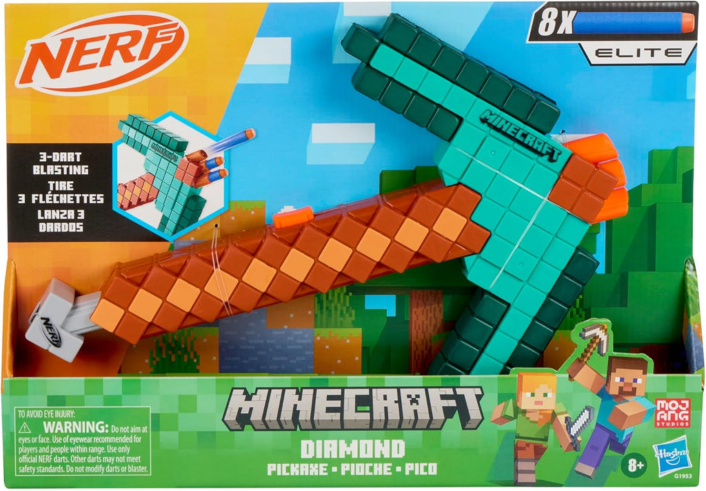 Nerf Minecraft Diamond Pickaxe Dart Blaster, imprimación de tirar, cabeza de espuma, 8 dardos Nerf Elite, a partir de 8 años