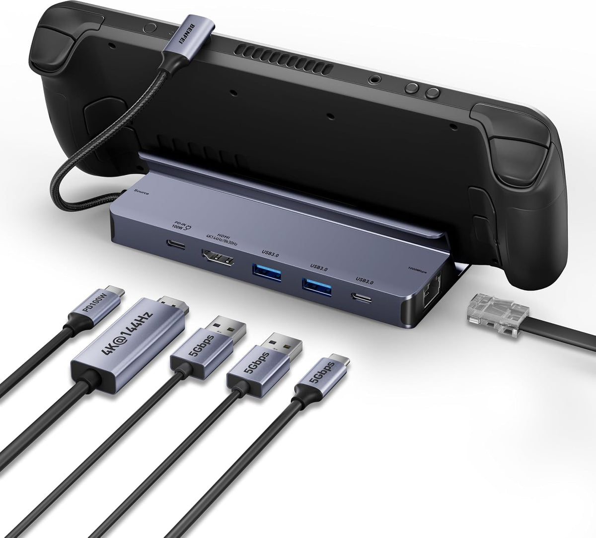 BENFEI Base de plataforma de vapor 4K a 144Hz, estación de acoplamiento para Steam Deck (OLED)/ROG Ally, concentrador USB C 6 en 1 con HDMI 8K a 30Hz, Ethernet de 1 Gbps, 1 puerto USB-C 2X USB 3.0