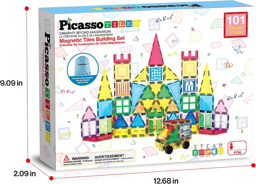 PicassoTiles Juego de 101 piezas de fichas magnéticas con bolsa de almacenamiento duradera Kit de juguetes magnéticos educativos de construcción STEM para niños pequeños, niños en edad preescolar