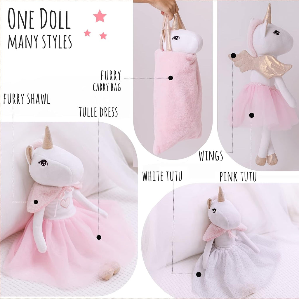 Perfectto Design Muñeca Unicornio Bailarina Animal de Peluche para Niñas - Juego de Muñeca de Juguete de Peluche, Bolsa, Ropa de Tutú, Alas - Juego para Regalo de Niña de 3 4 5 Años para Niña Pequeña