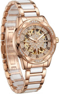 Reloj de oro rosa para mujer, esfera acentuada con cristal de 1.44 pulgadas, pulsera de cerámica blanca y acero inoxidable, reloj de vestir luminoso resistente al agua
